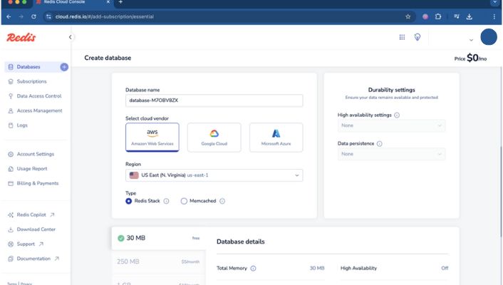 Set a Database name Select any cloud vendor in redis.io Set a Database name Select any cloud vendor in redis.io
