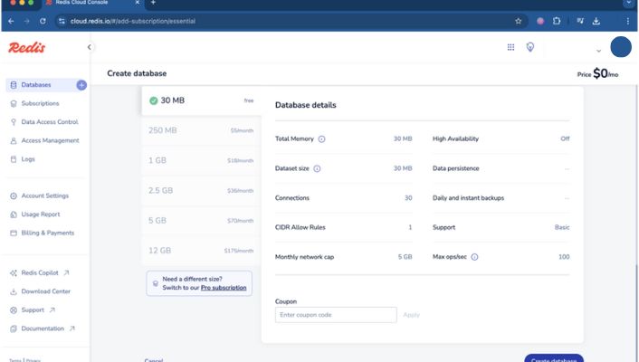 choose 30 mb free plan in redis.io choose 30 mb free plan in redis.io