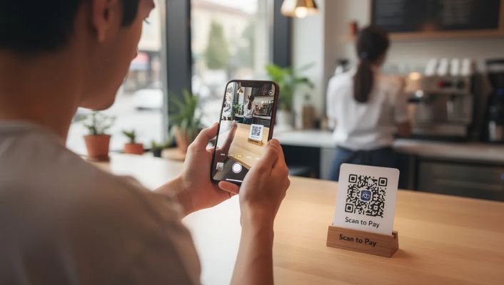 A person is using their smartphone camera to scan a QR code A person is using their smartphone camera to scan a QR code