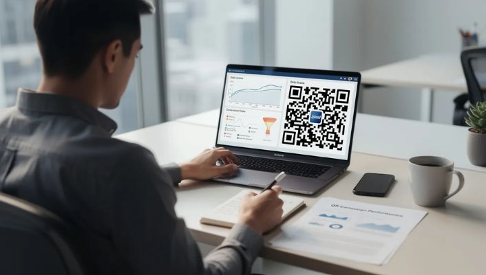 A marketing professional is focused on analyzing QR code scan data displayed on a laptop A marketing professional is focused on analyzing QR code scan data displayed on a laptop